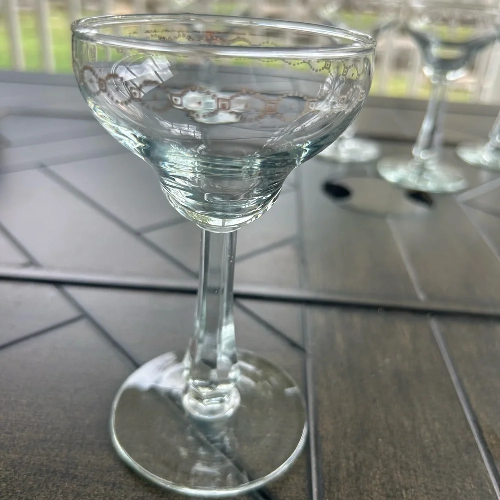 Vintage Heavy Crystal Champagne glass set of 5, gold Geo design, MCM, Cordials